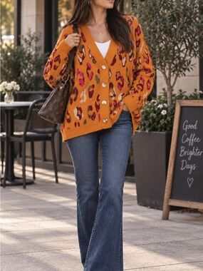 Mustard Leopard Print Cardigan Sweater warm autumn jacket size S